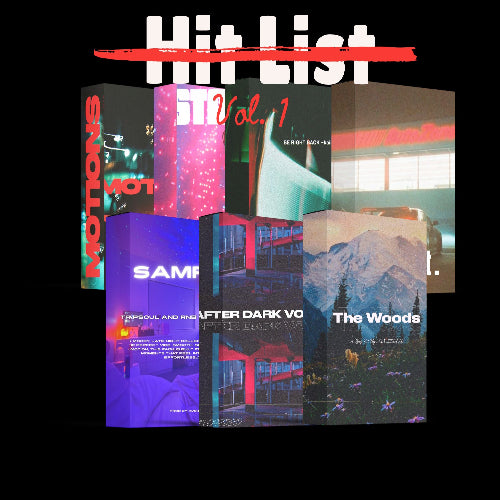 A collection of colorful album-like covers under the title 'Hit List Vol. 1', representing a loop bundle by Kaii & Avoiided for music production.
